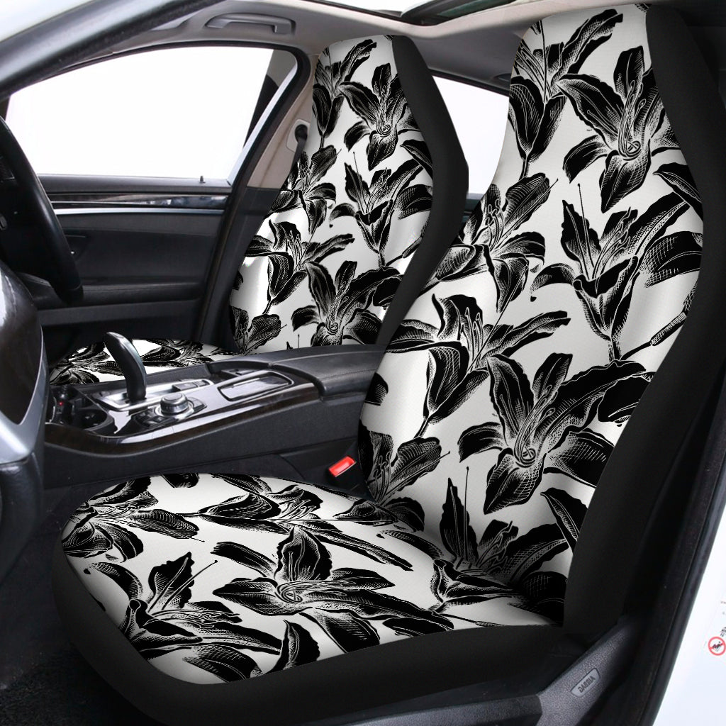 White And Black Lily Pattern Print Universal Fit Car Seat Covers