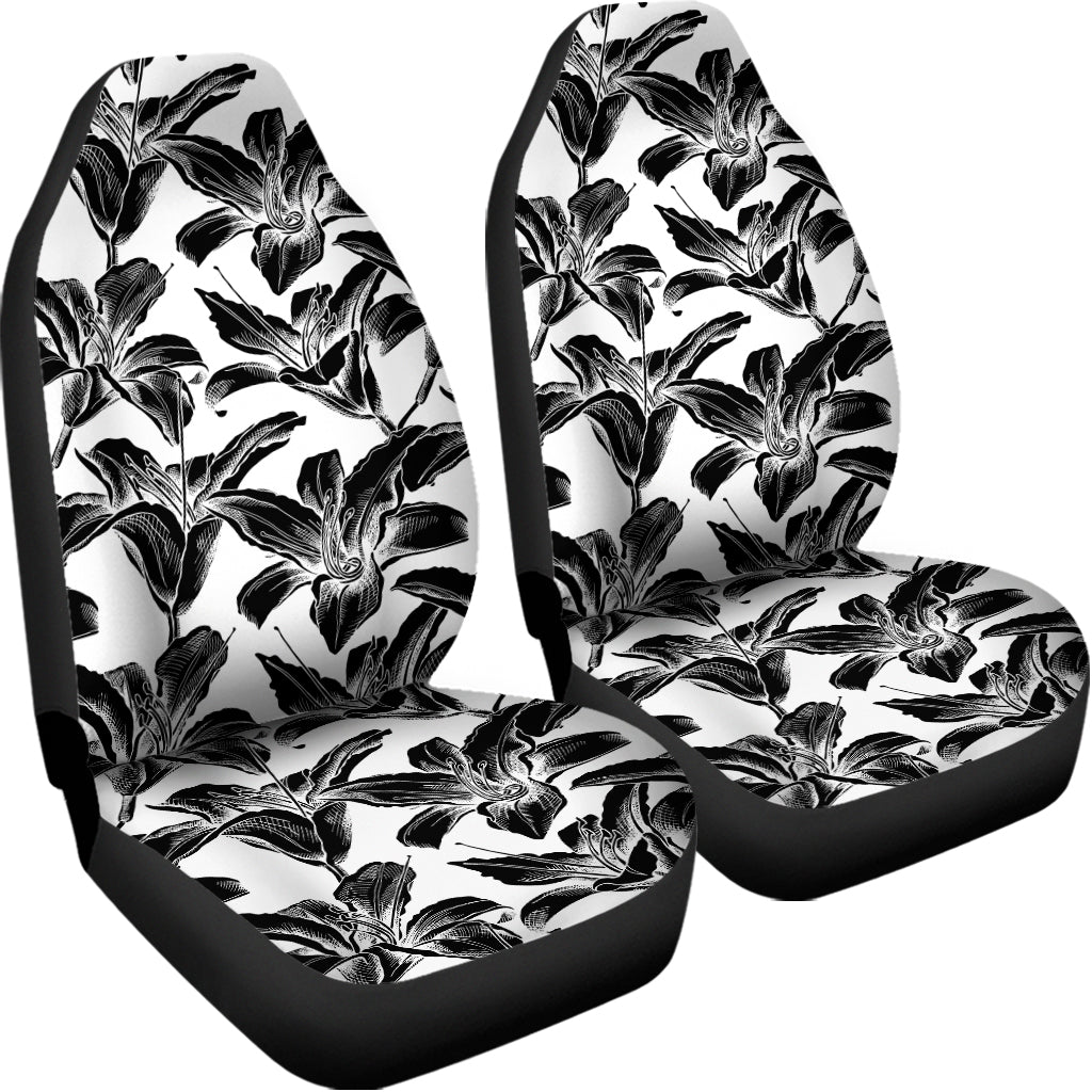 White And Black Lily Pattern Print Universal Fit Car Seat Covers