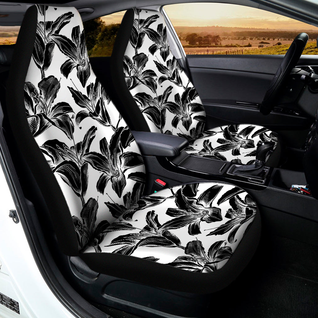 White And Black Lily Pattern Print Universal Fit Car Seat Covers