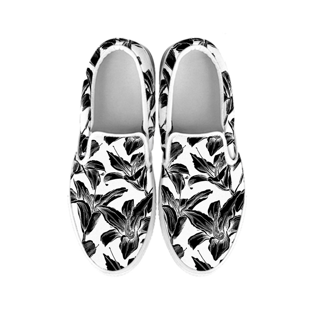 White And Black Lily Pattern Print White Slip On Shoes