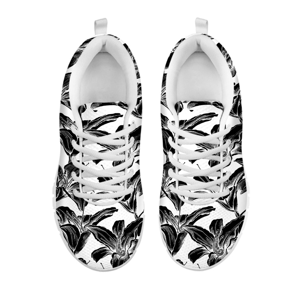 White And Black Lily Pattern Print White Sneakers