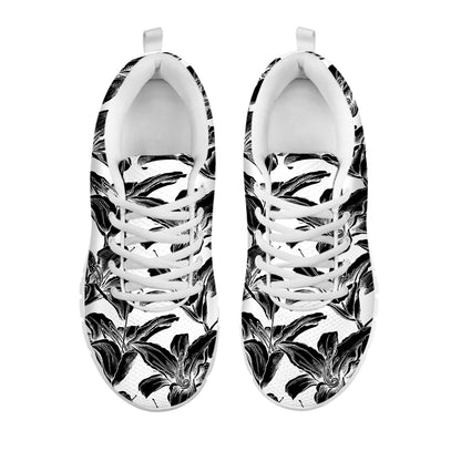 White And Black Lily Pattern Print White Sneakers