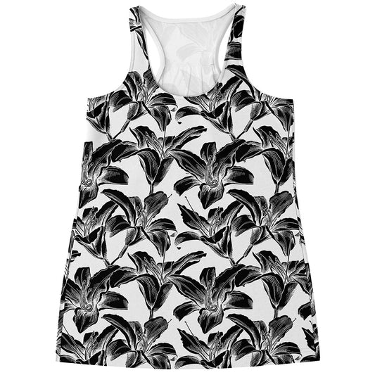 White And Black Lily Pattern Print Women's Racerback Tank Top