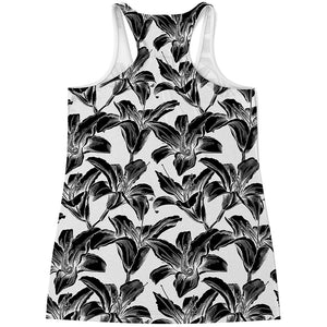 White And Black Lily Pattern Print Women's Racerback Tank Top