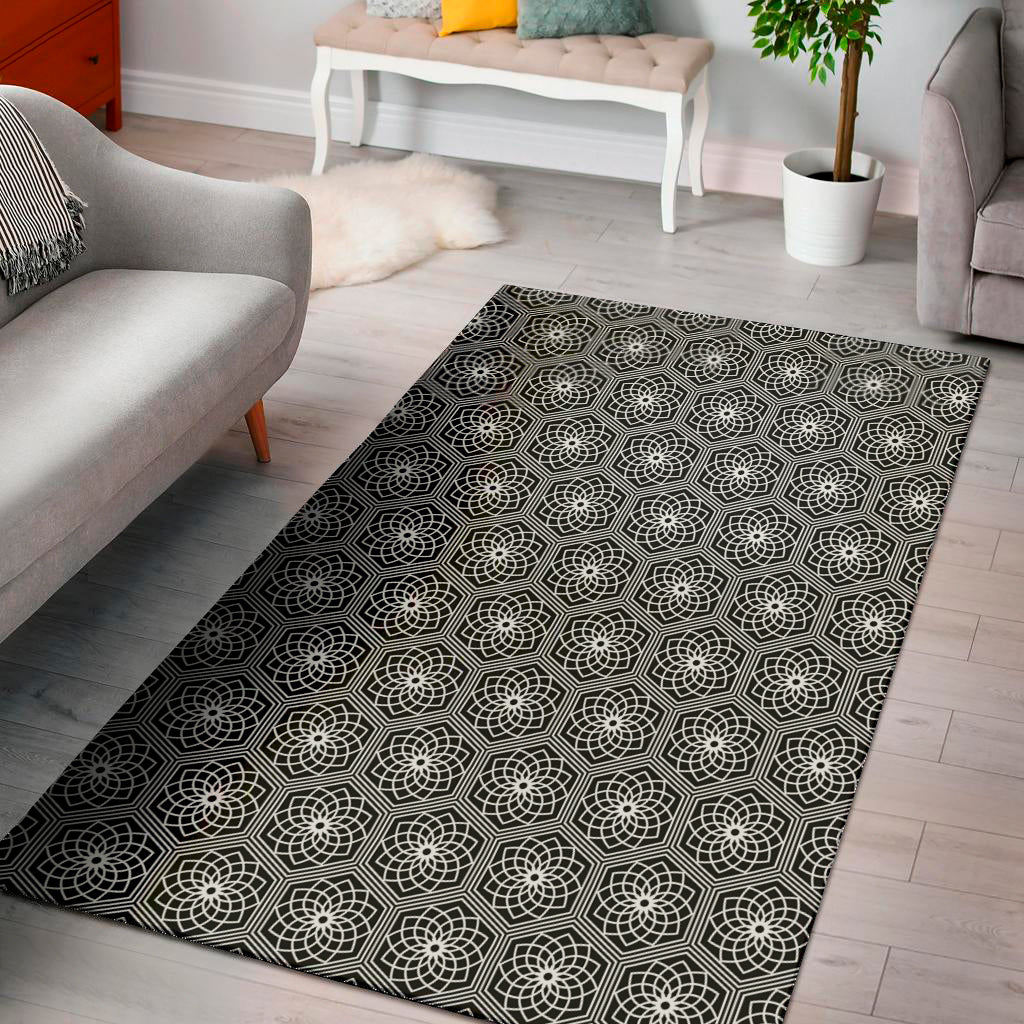 White And Black Lotus Pattern Print Area Rug