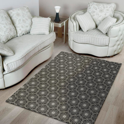 White And Black Lotus Pattern Print Area Rug