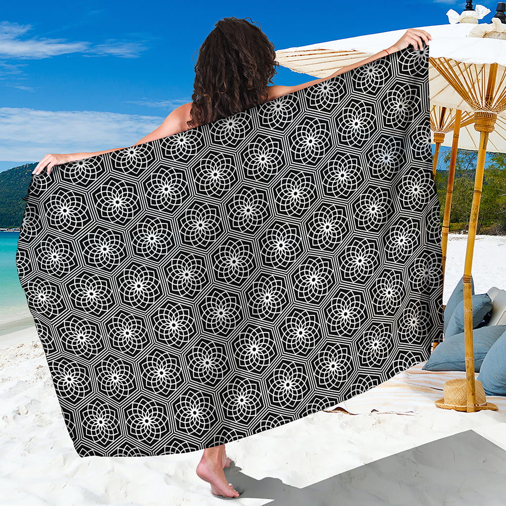White And Black Lotus Pattern Print Beach Sarong Wrap