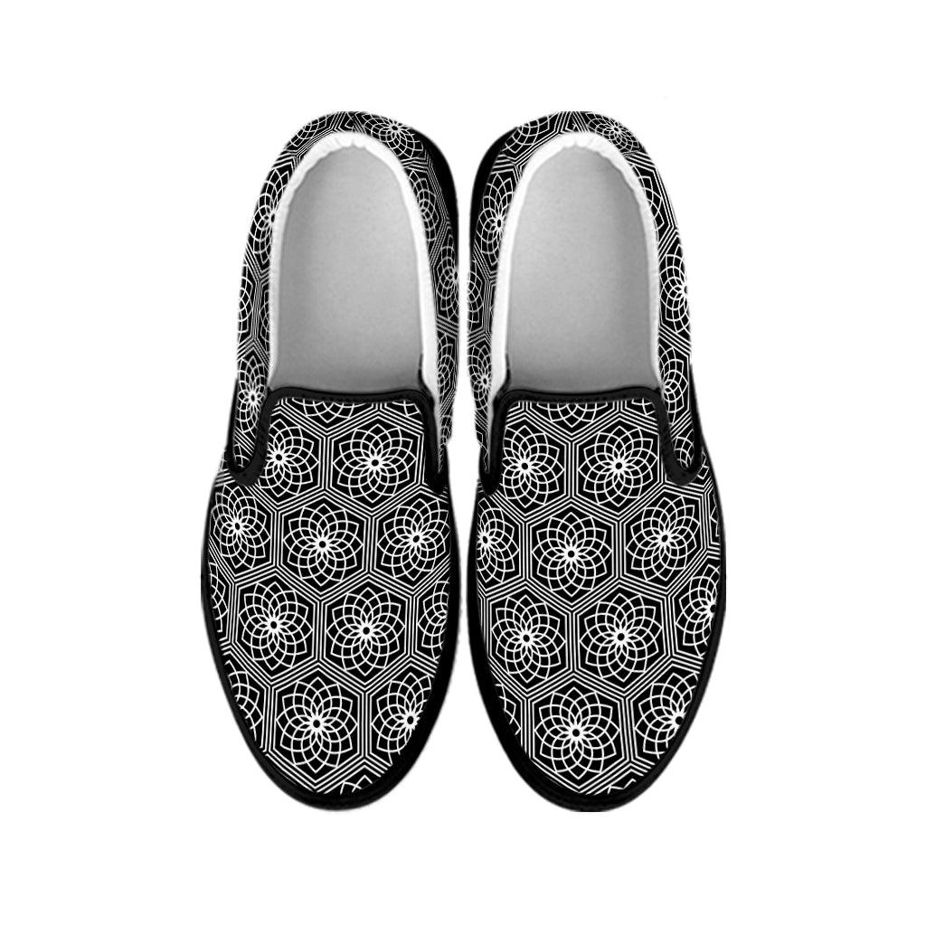 White And Black Lotus Pattern Print Black Slip On Shoes
