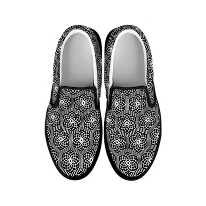 White And Black Lotus Pattern Print Black Slip On Shoes