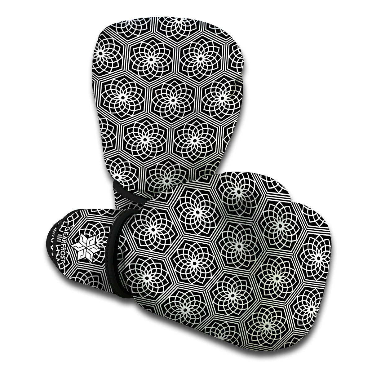 White And Black Lotus Pattern Print Boxing Gloves