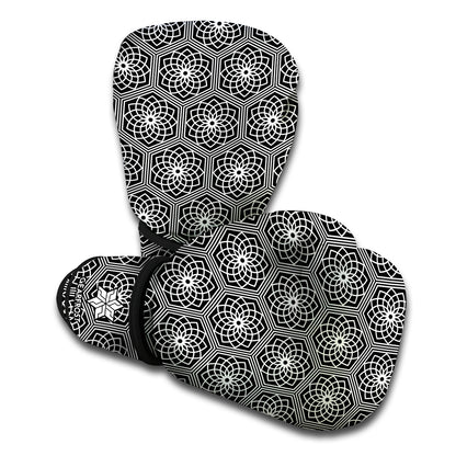 White And Black Lotus Pattern Print Boxing Gloves