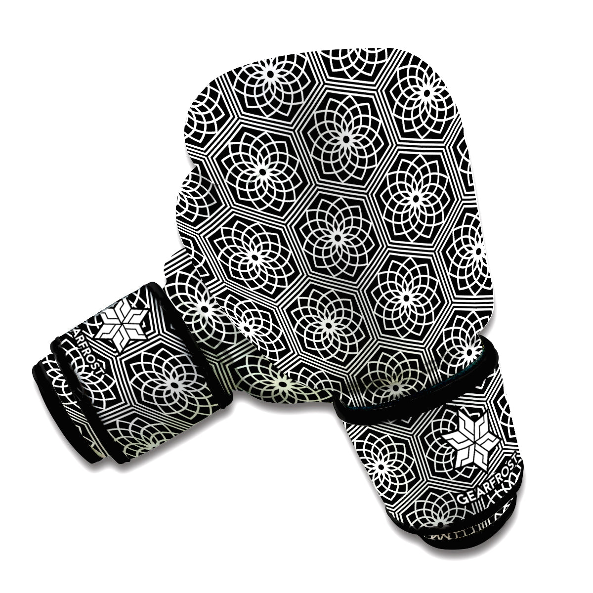 White And Black Lotus Pattern Print Boxing Gloves