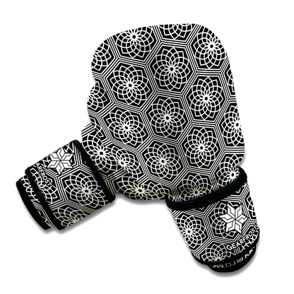 White And Black Lotus Pattern Print Boxing Gloves