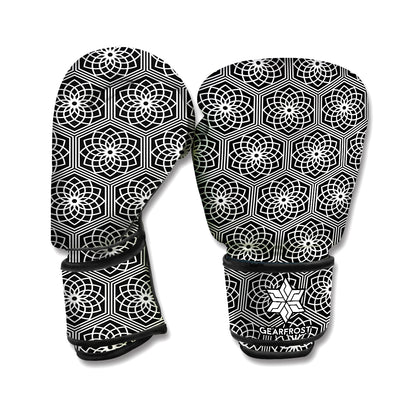 White And Black Lotus Pattern Print Boxing Gloves