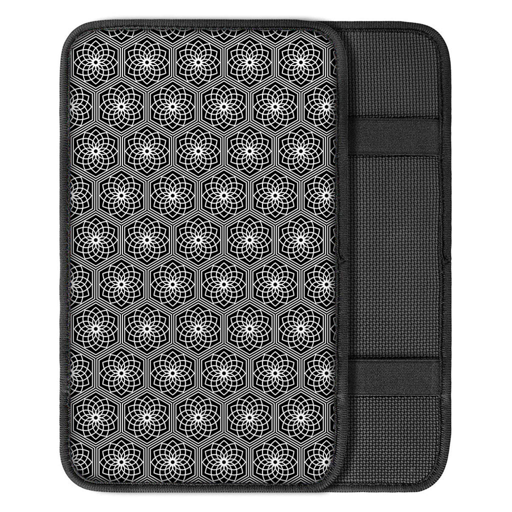 White And Black Lotus Pattern Print Car Center Console Cover