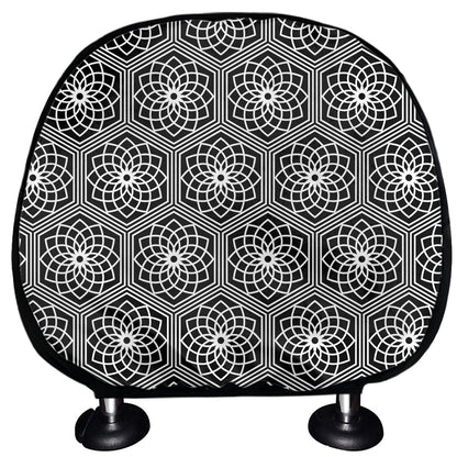 White And Black Lotus Pattern Print Car Headrest Covers