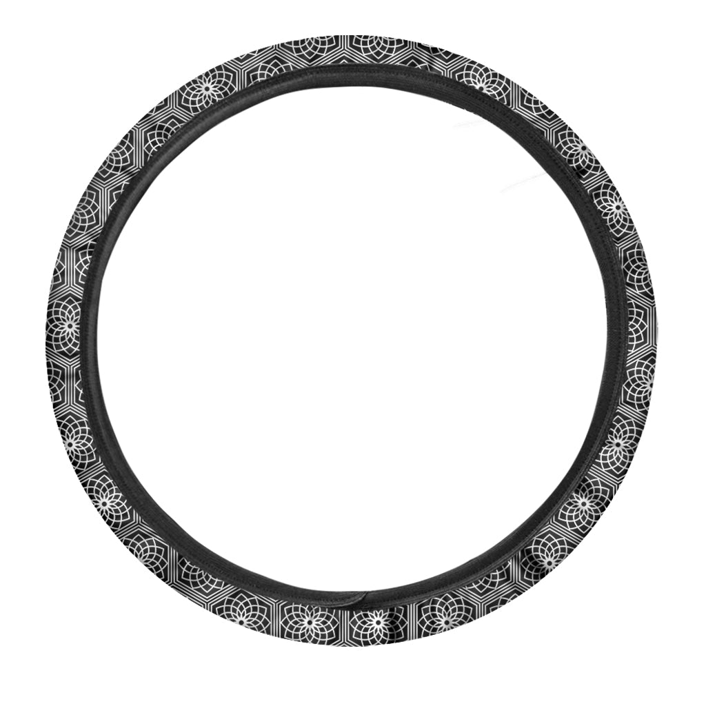 White And Black Lotus Pattern Print Car Steering Wheel Cover