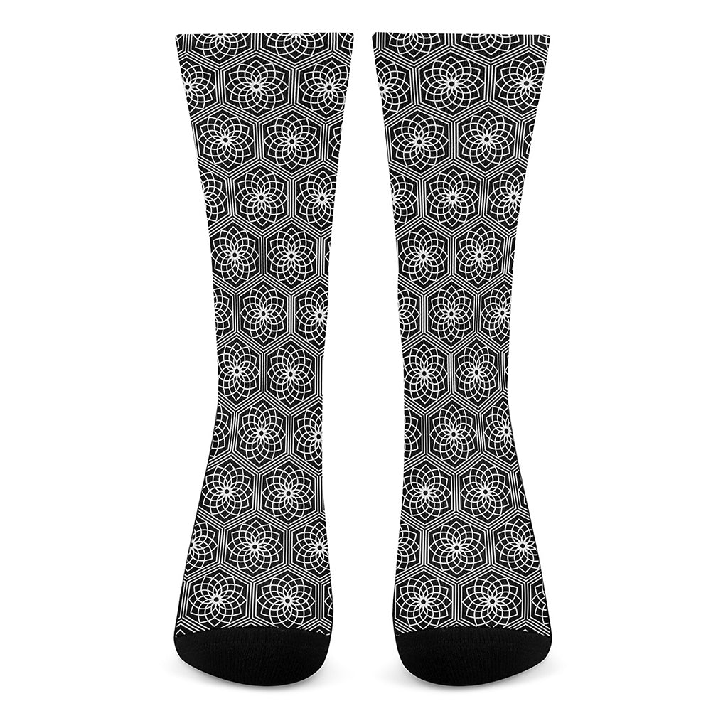 White And Black Lotus Pattern Print Crew Socks