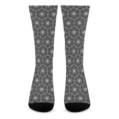 White And Black Lotus Pattern Print Crew Socks