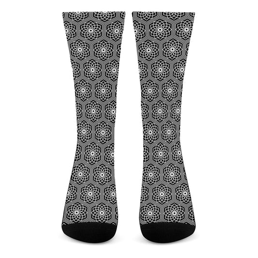 White And Black Lotus Pattern Print Crew Socks