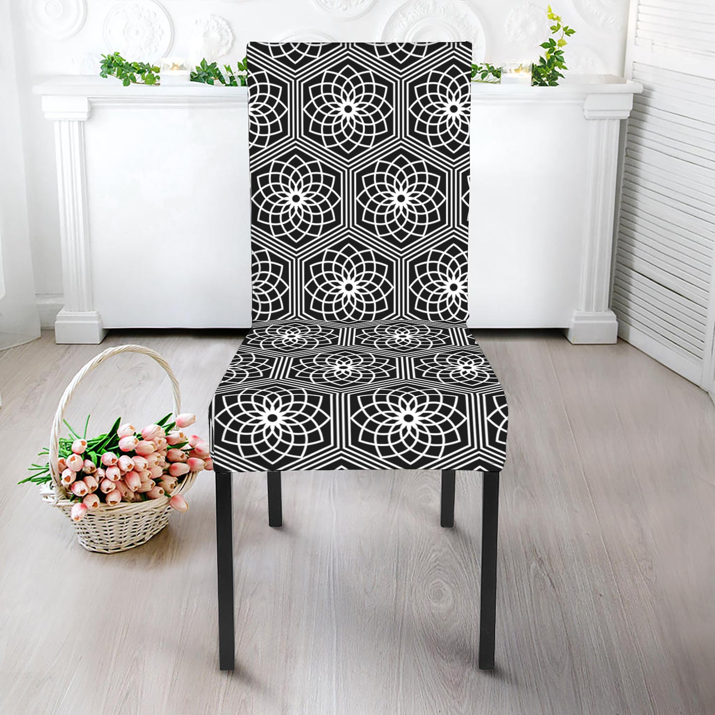 White And Black Lotus Pattern Print Dining Chair Slipcover