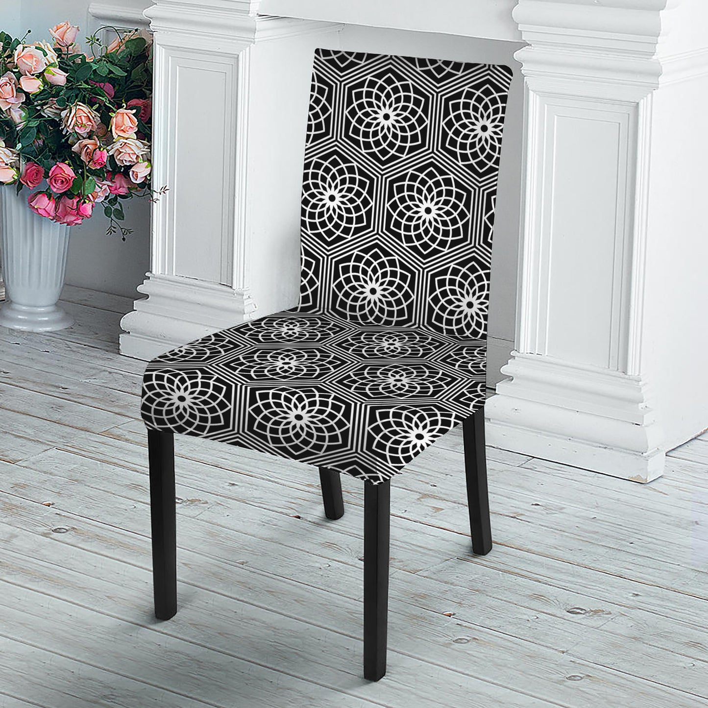 White And Black Lotus Pattern Print Dining Chair Slipcover