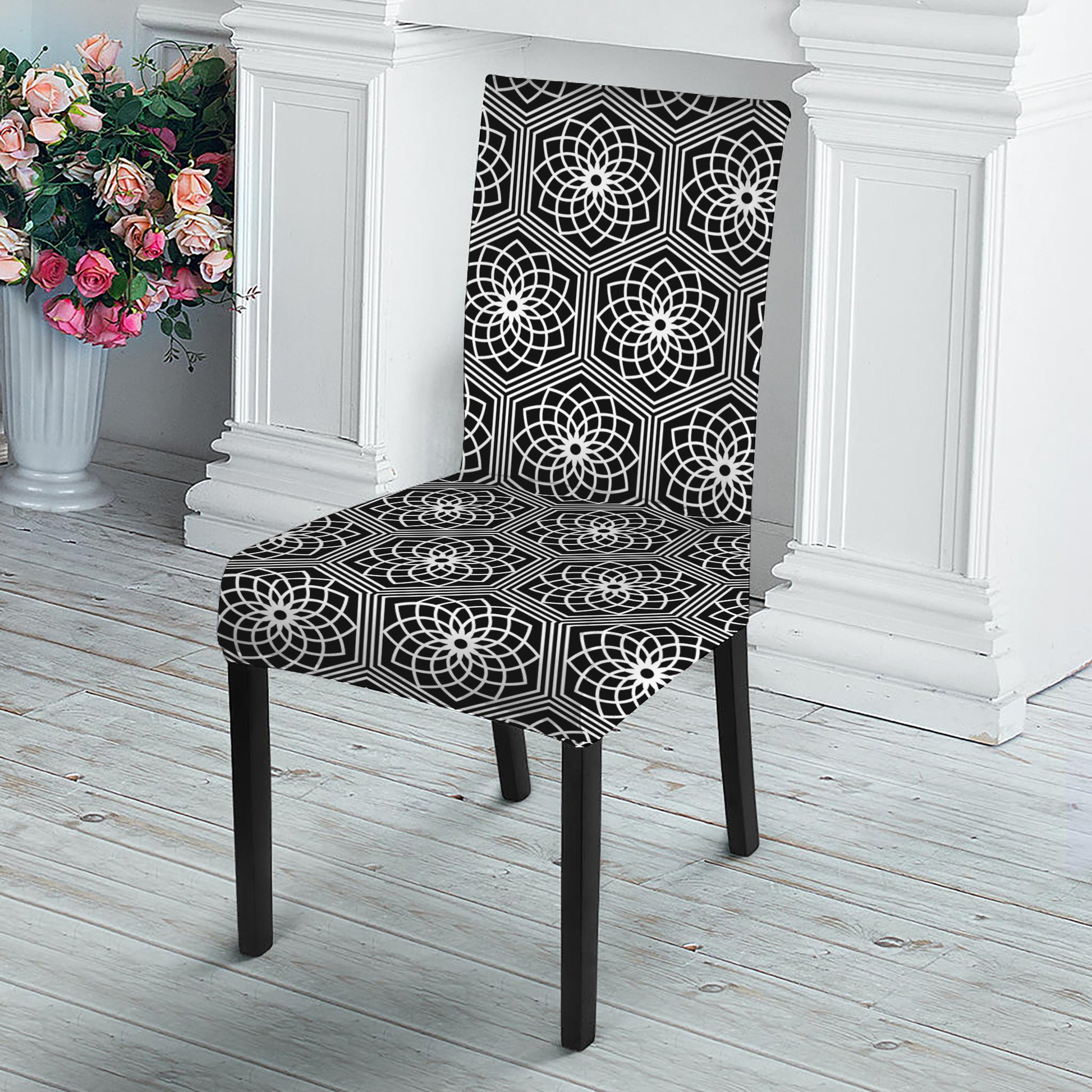 White And Black Lotus Pattern Print Dining Chair Slipcover