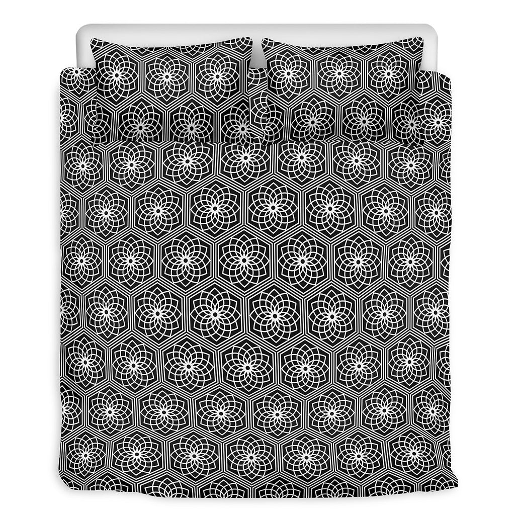 White And Black Lotus Pattern Print Duvet Cover Bedding Set