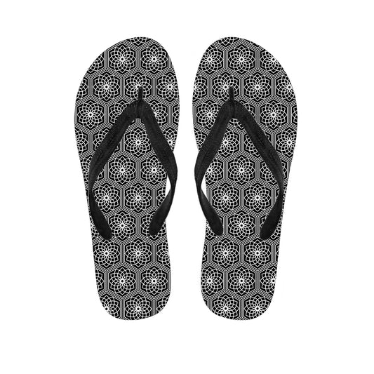 White And Black Lotus Pattern Print Flip Flops