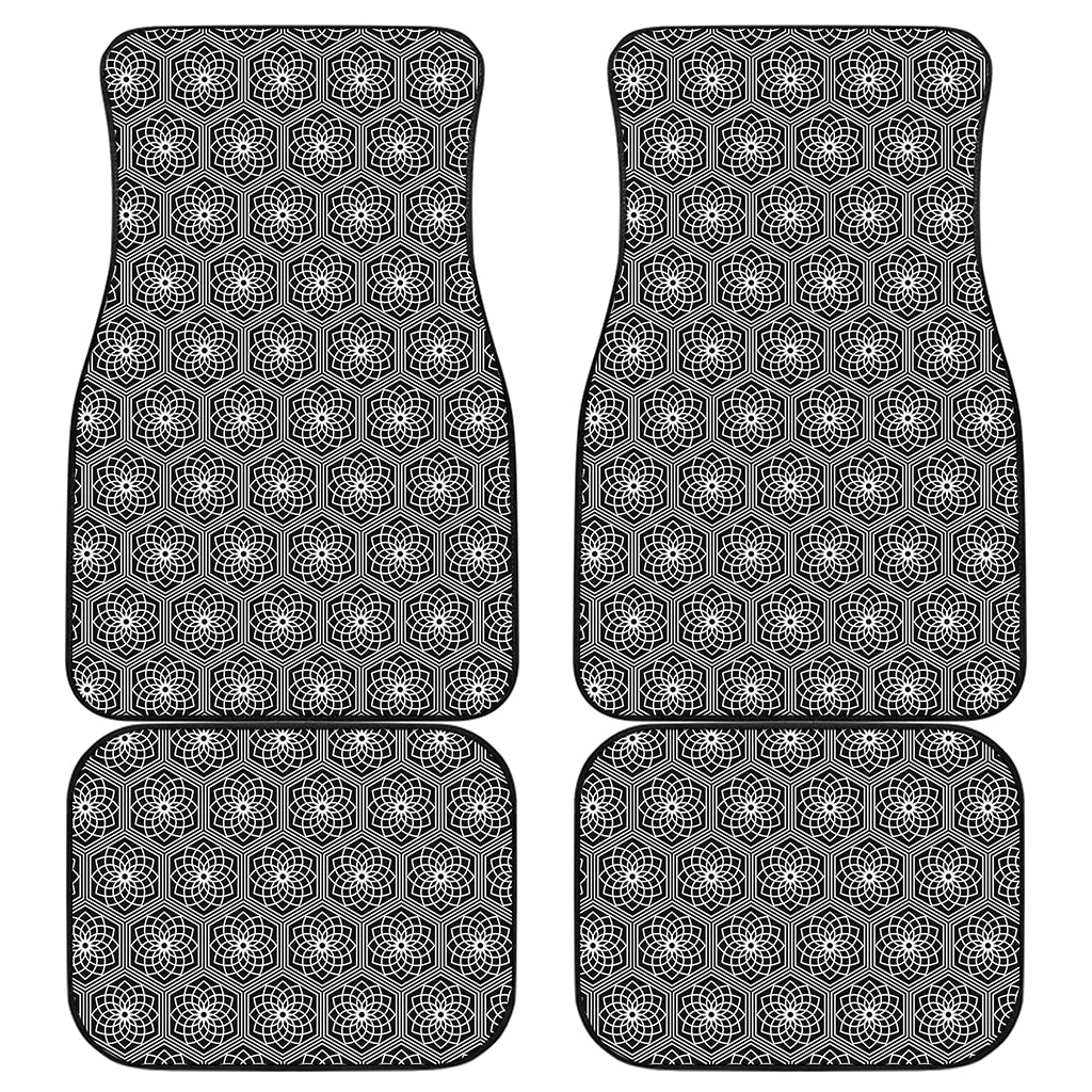 White And Black Lotus Pattern Print Front and Back Car Floor Mats
