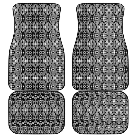 White And Black Lotus Pattern Print Front and Back Car Floor Mats