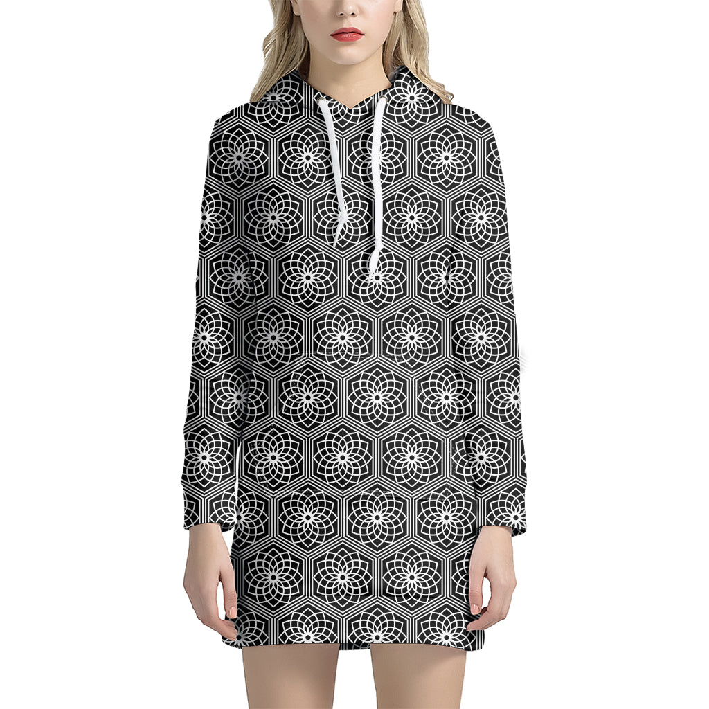 White And Black Lotus Pattern Print Hoodie Dress