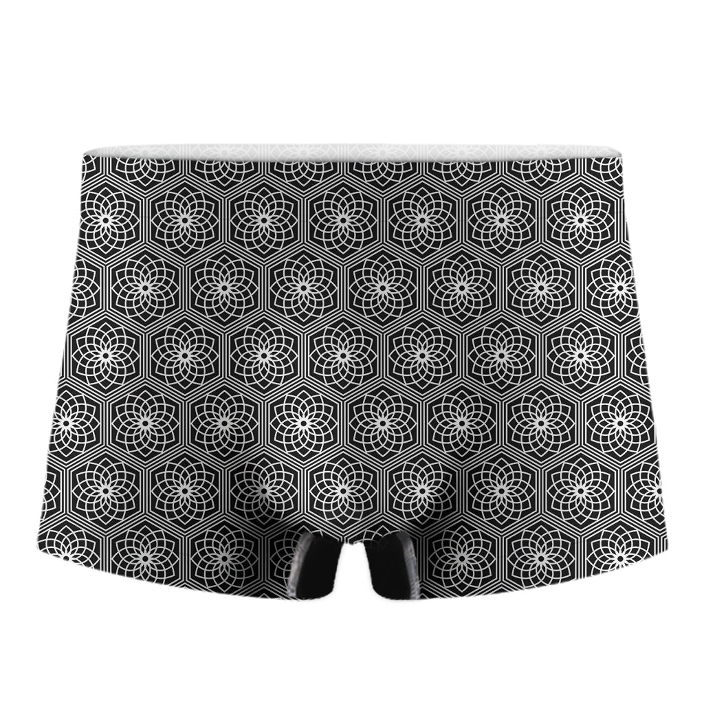 White And Black Lotus Pattern Print Men's Boxer Briefs