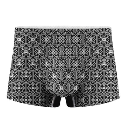 White And Black Lotus Pattern Print Men's Boxer Briefs