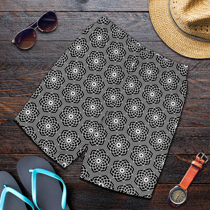 White And Black Lotus Pattern Print Men's Shorts