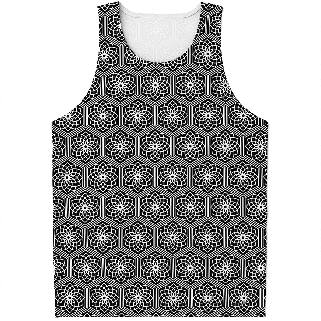 White And Black Lotus Pattern Print Men's Tank Top