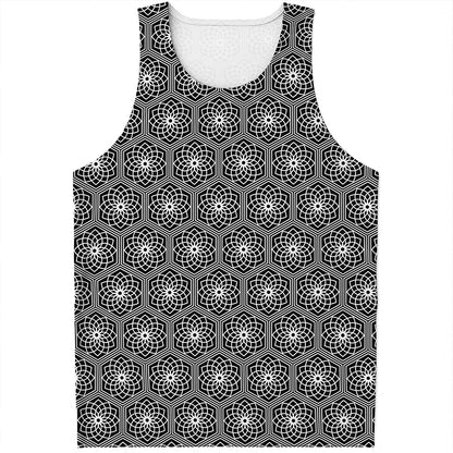 White And Black Lotus Pattern Print Men's Tank Top