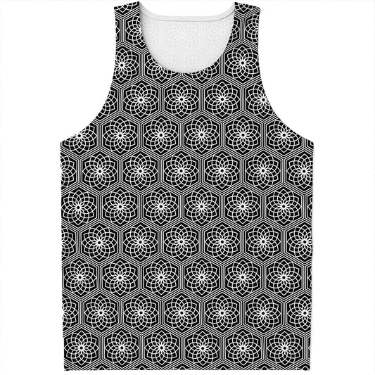 White And Black Lotus Pattern Print Men's Tank Top