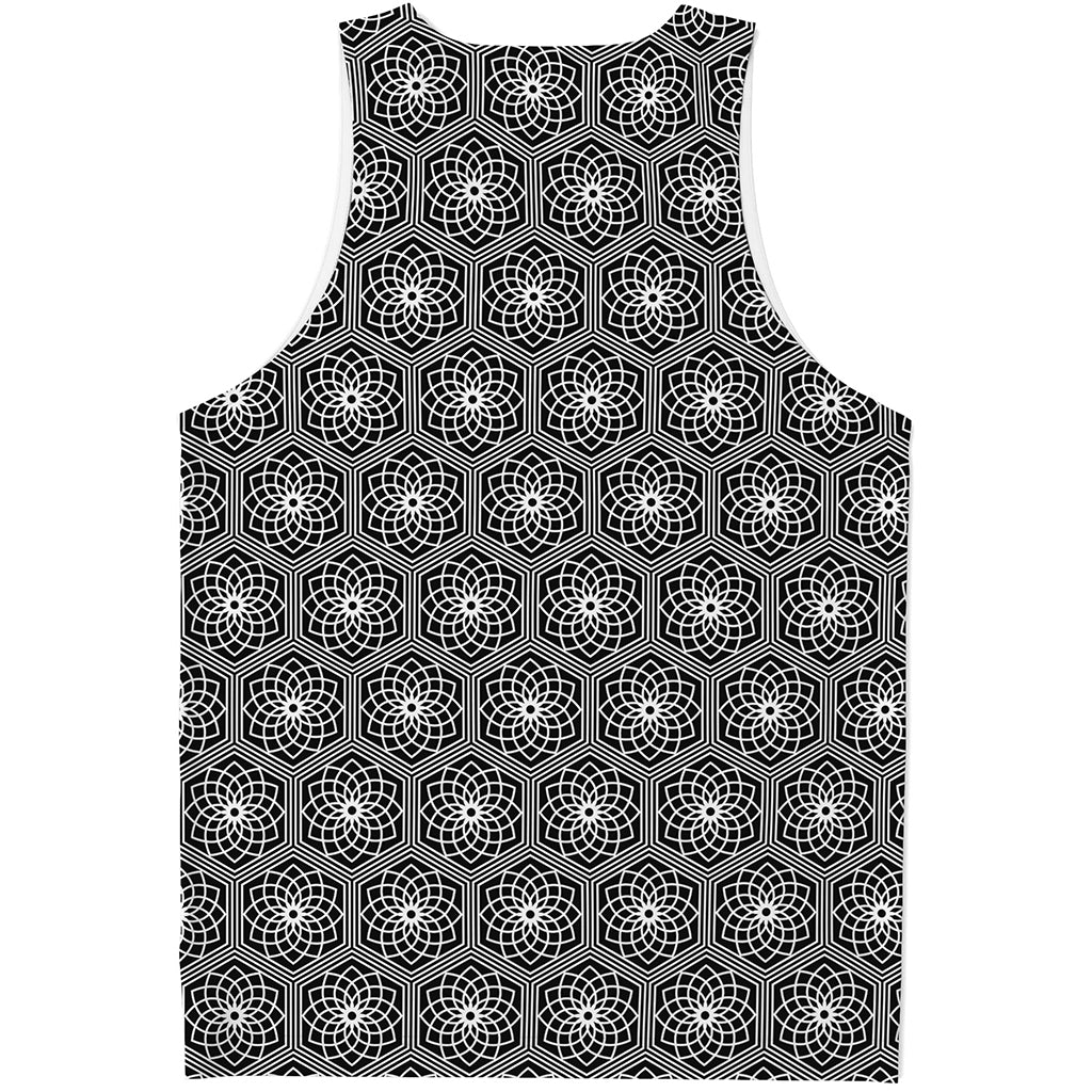 White And Black Lotus Pattern Print Men's Tank Top