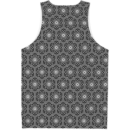 White And Black Lotus Pattern Print Men's Tank Top