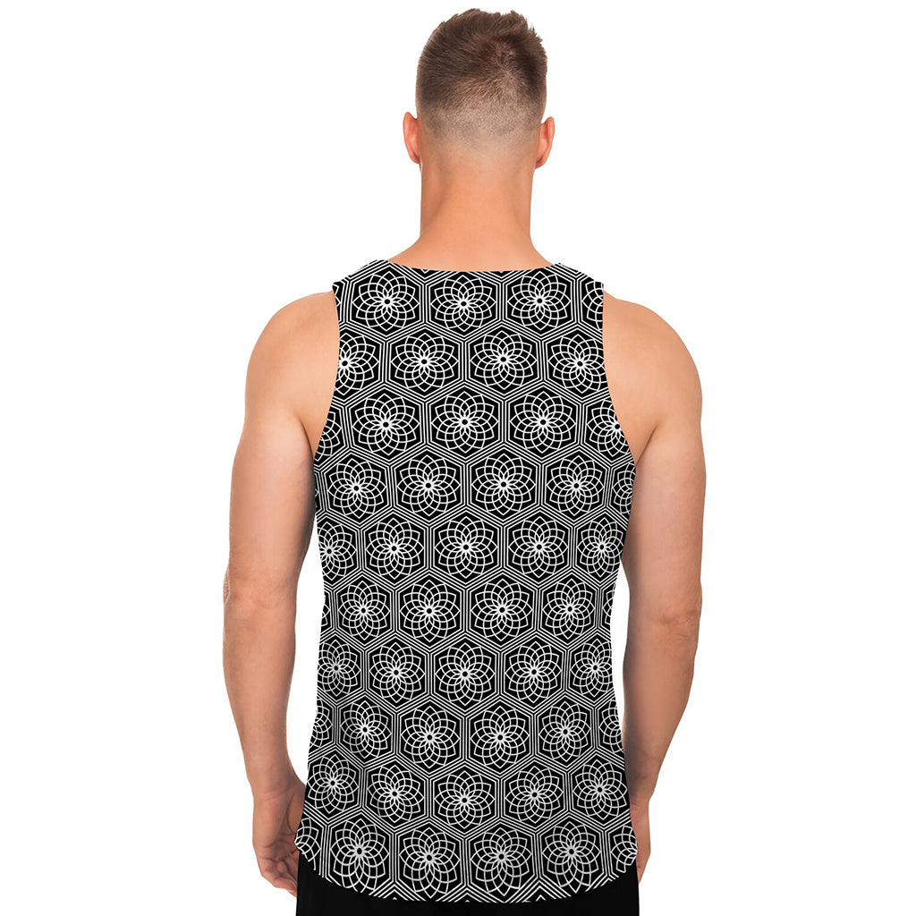 White And Black Lotus Pattern Print Men's Tank Top
