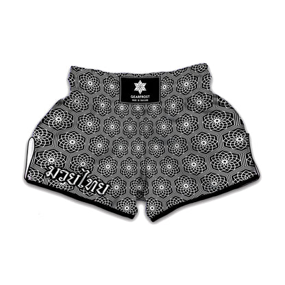 White And Black Lotus Pattern Print Muay Thai Boxing Shorts
