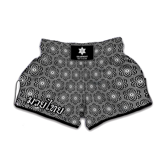 White And Black Lotus Pattern Print Muay Thai Boxing Shorts