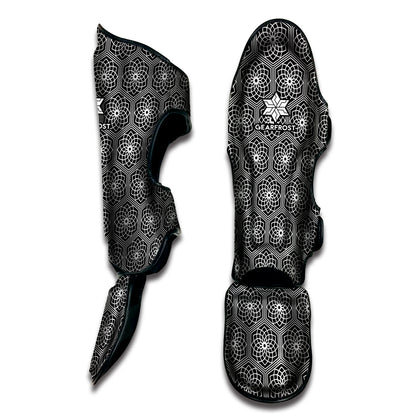 White And Black Lotus Pattern Print Muay Thai Shin Guard