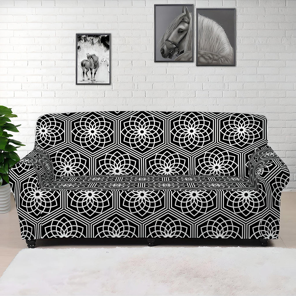 White And Black Lotus Pattern Print Sofa Cover