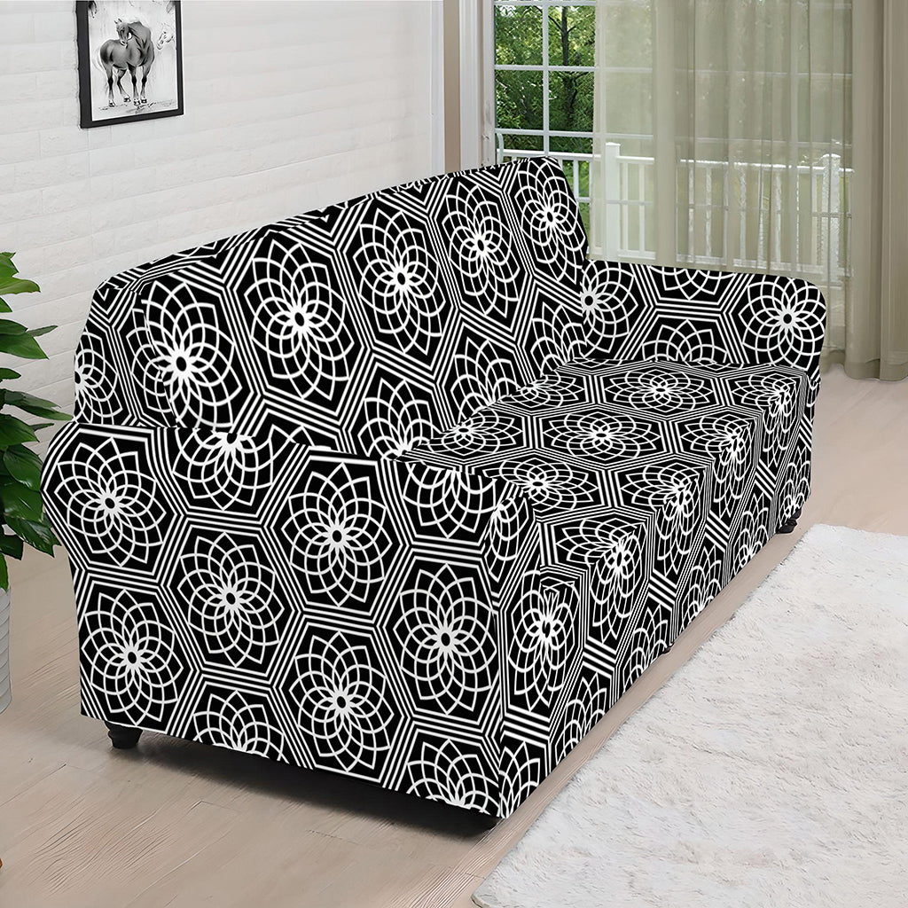 White And Black Lotus Pattern Print Sofa Cover
