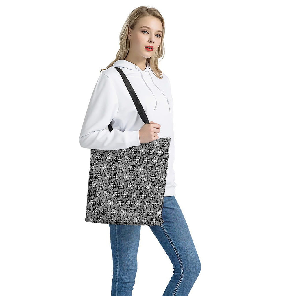 White And Black Lotus Pattern Print Tote Bag