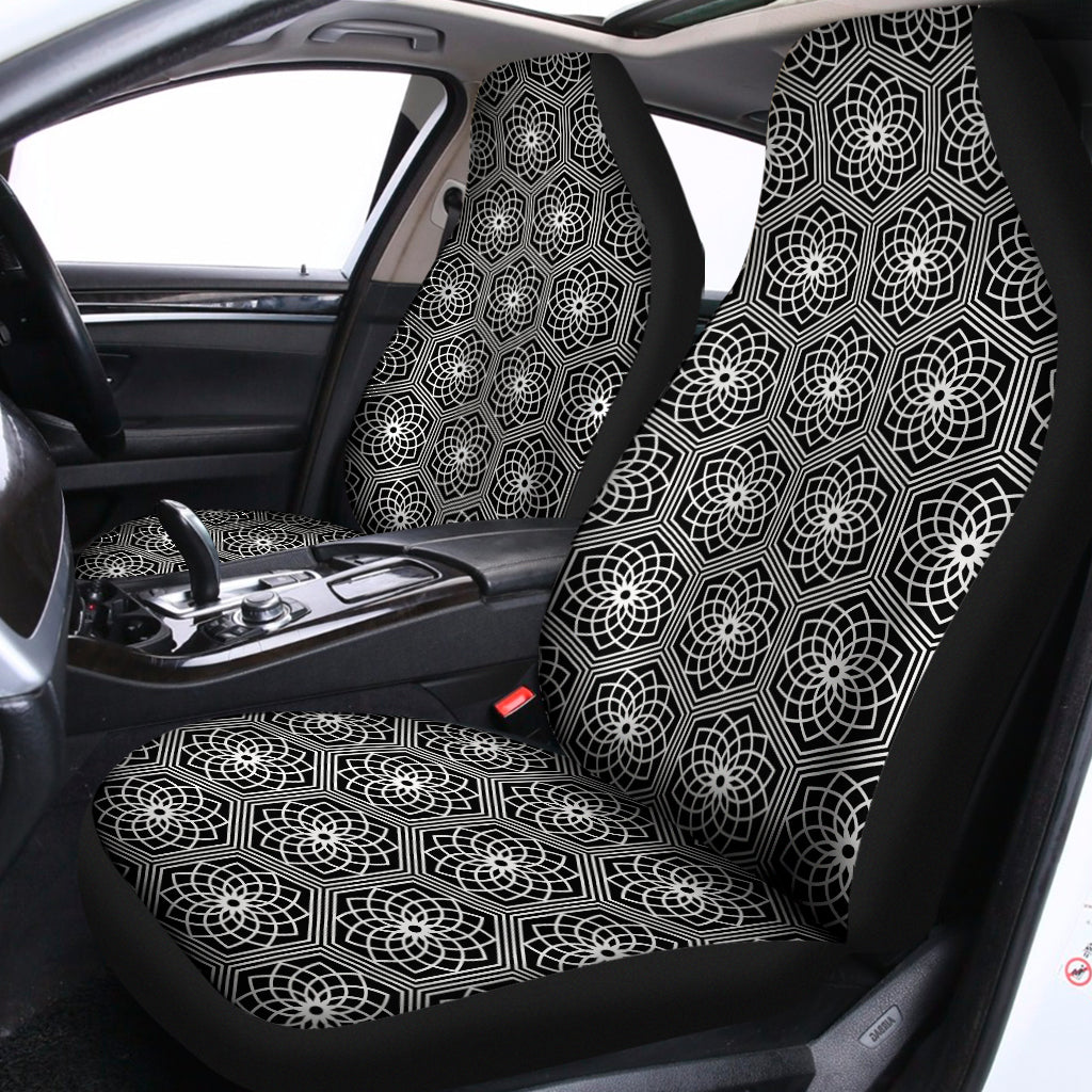 White And Black Lotus Pattern Print Universal Fit Car Seat Covers