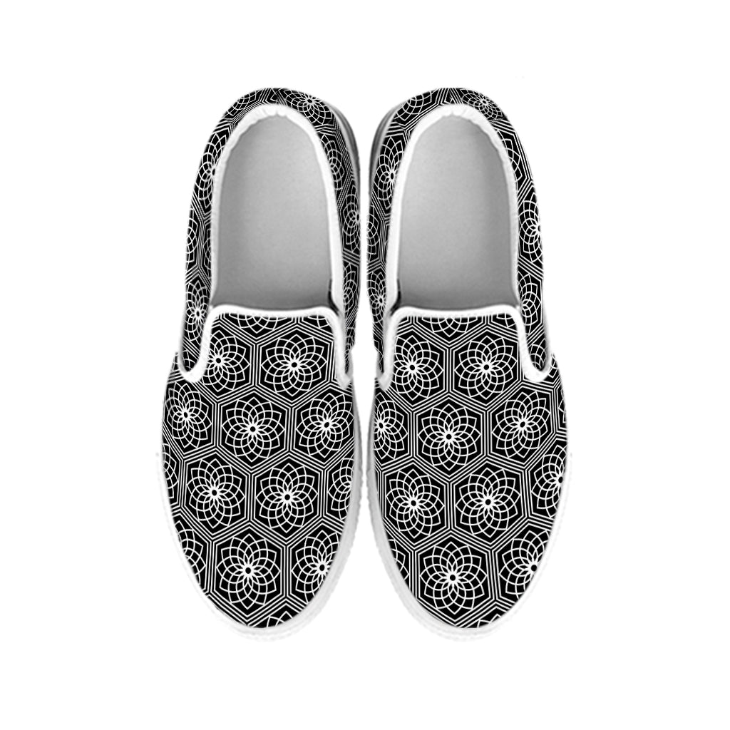White And Black Lotus Pattern Print White Slip On Shoes