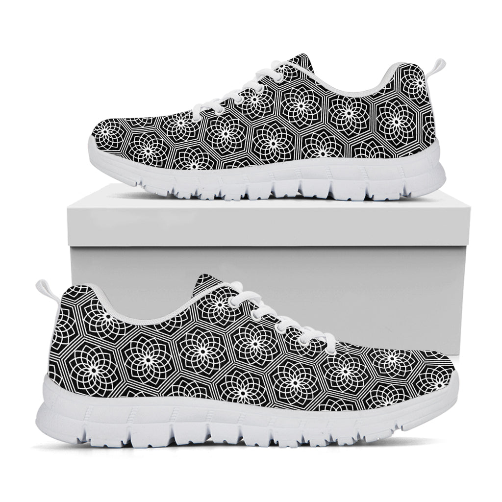White And Black Lotus Pattern Print White Sneakers